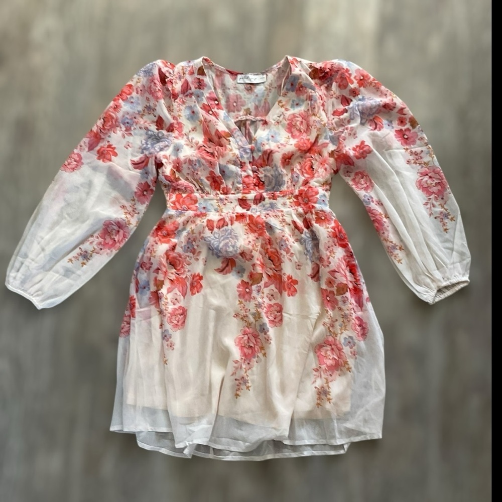 Petal & Pup Floral Chiffon Long Sleeve Mini Dress Small - Picture 4 of 5